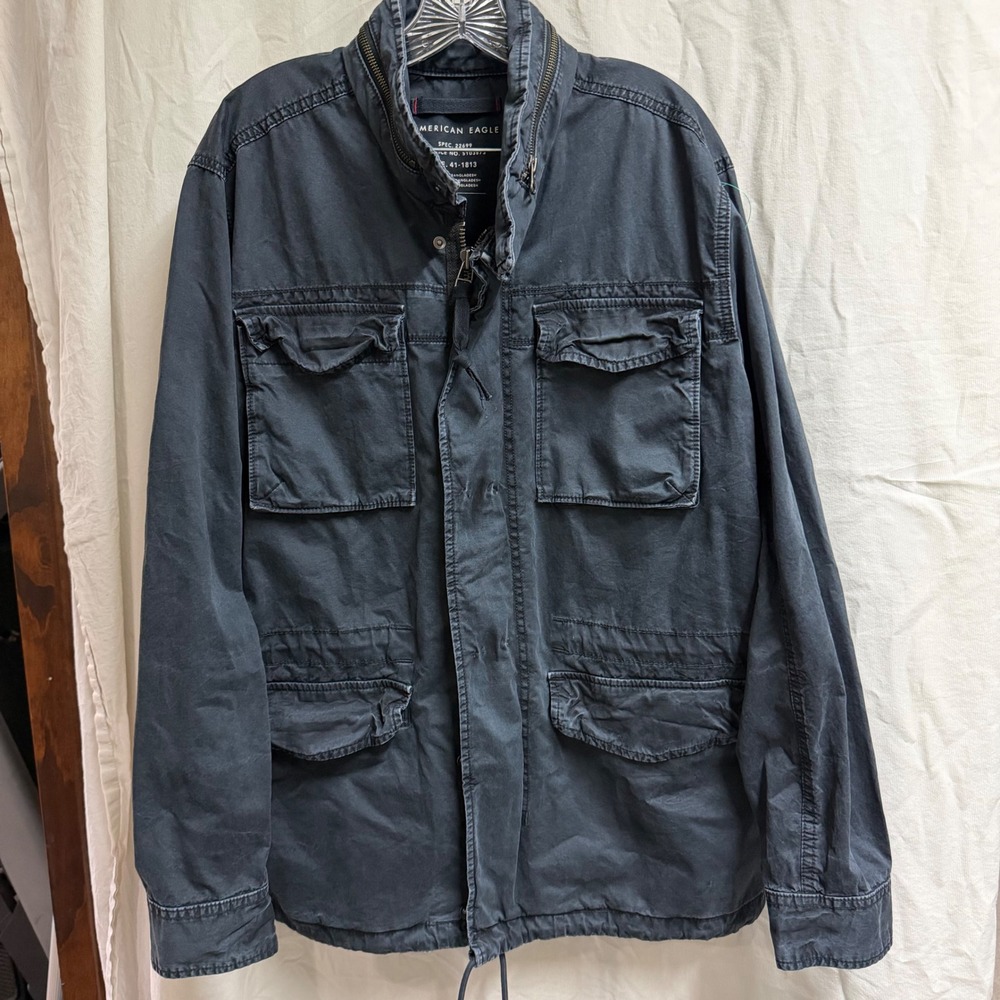 American Eagle Mens Military Field Utility Jacket Navy Blue Packable Hood Large